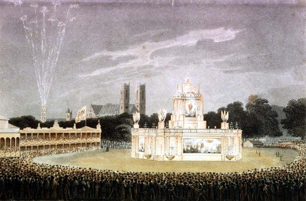 Tűzijáték a Green Parkban Napóleon vereségének megünneplésére, Matthew Dubourg pub metszetével. 1814 (metszet) alkotó: John Heaviside (after) Clark