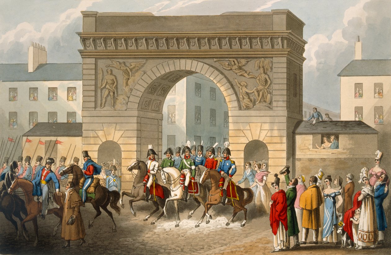 A szövetségesek bejárata Párizsba, Matthew Dubourg (fl.1813-20) metszete a „Történelmi, katonai és haditengerészeti anekdoták” című kocsmából. írta: Edward Orme (1774-1820 körül) 1818 (akvatinta) alkotó: John Heaviside Clark