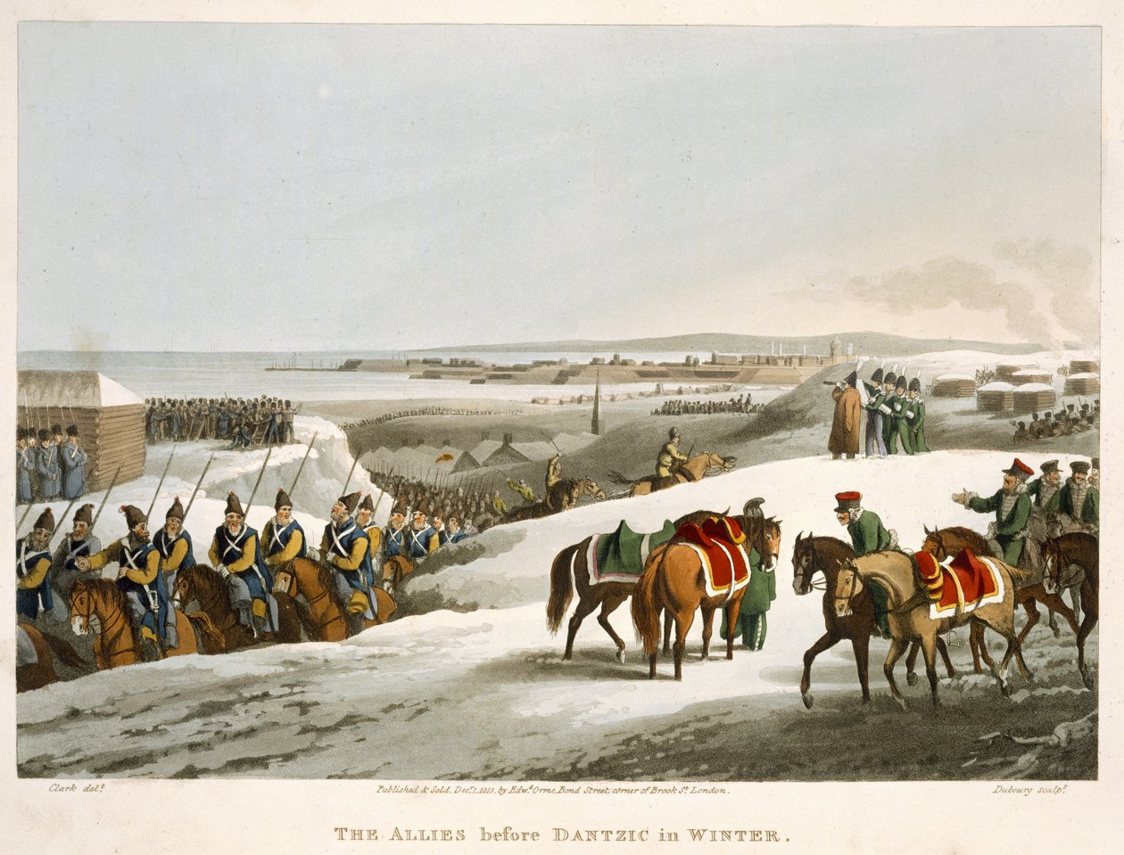 A szövetségesek Dantzic előtt télen, Matthew Dubourg (fl.1813-20) metszete a "Történelmi, katonai és haditengerészeti anekdoták" című kocsmából. írta: Edward Orme (1774-1820 körül) 1818 (akvatinta) alkotó: John Heaviside Clark