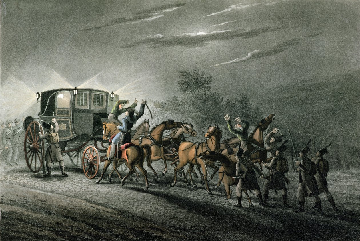 Bonaparte kocsijának, papírjának és kincseinek elfogása, von Keller őrnagy, Waterloo, 1815. június 18., metszet: Matthew Dubourg (fl.1813-20) alkotó: John Heaviside Clark