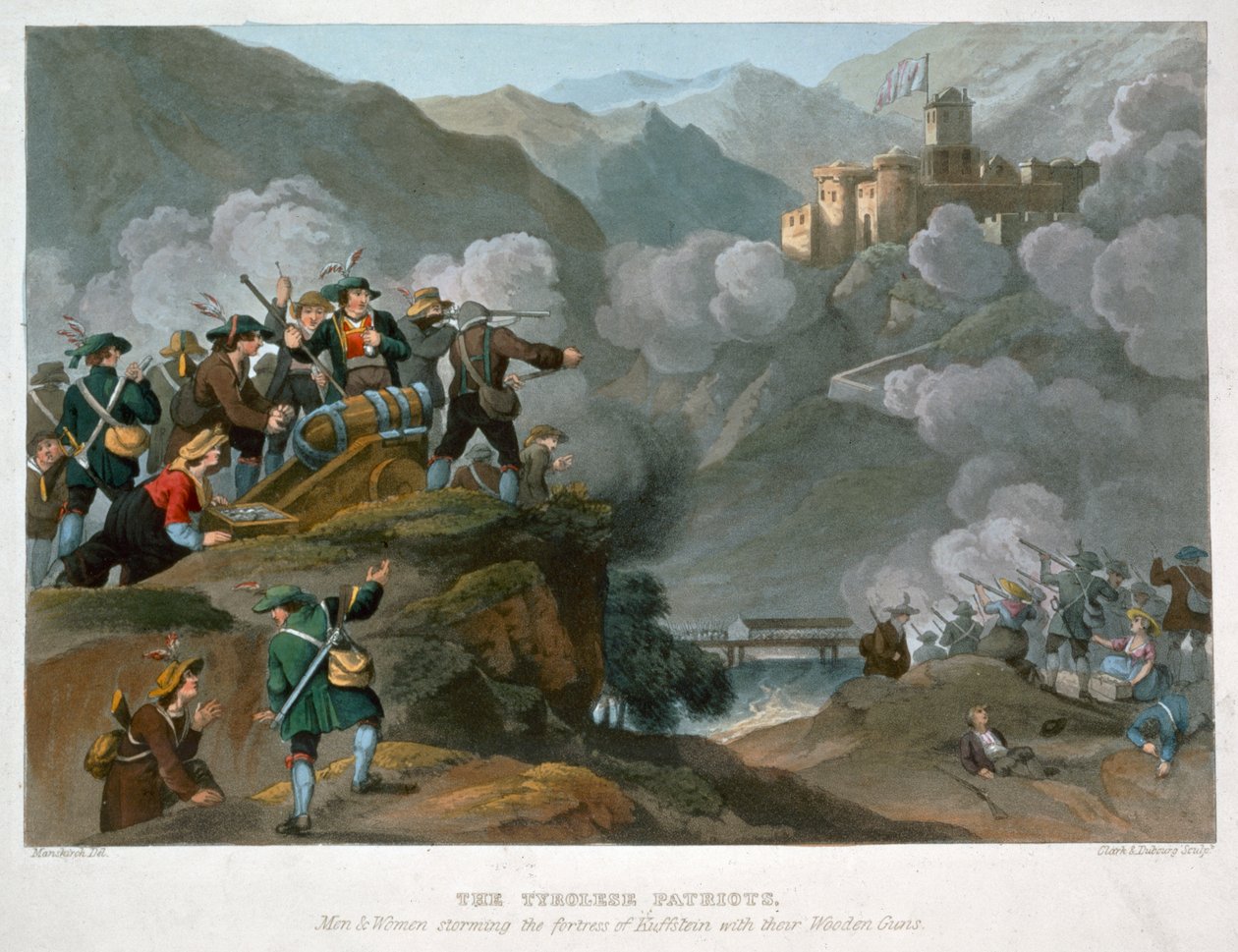 "A tiroli hazafiak faágyúikkal megrohamozzák Kuffstein erődjét, 1816 alkotó: John Heaviside Clark