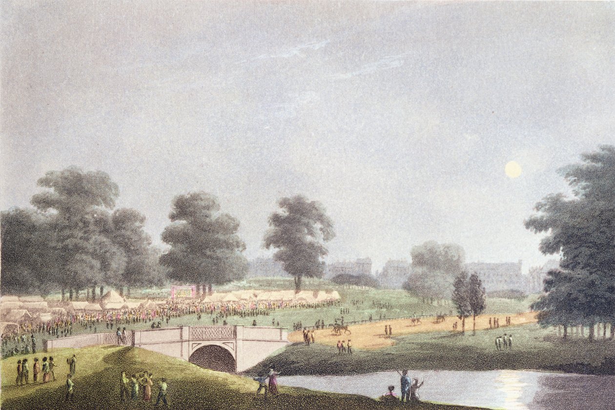 A Hyde Park-i vásár látképe, Matthew Dubourg metszete, 1814. augusztus 1. (színes metszet) alkotó: John Heaviside Clark