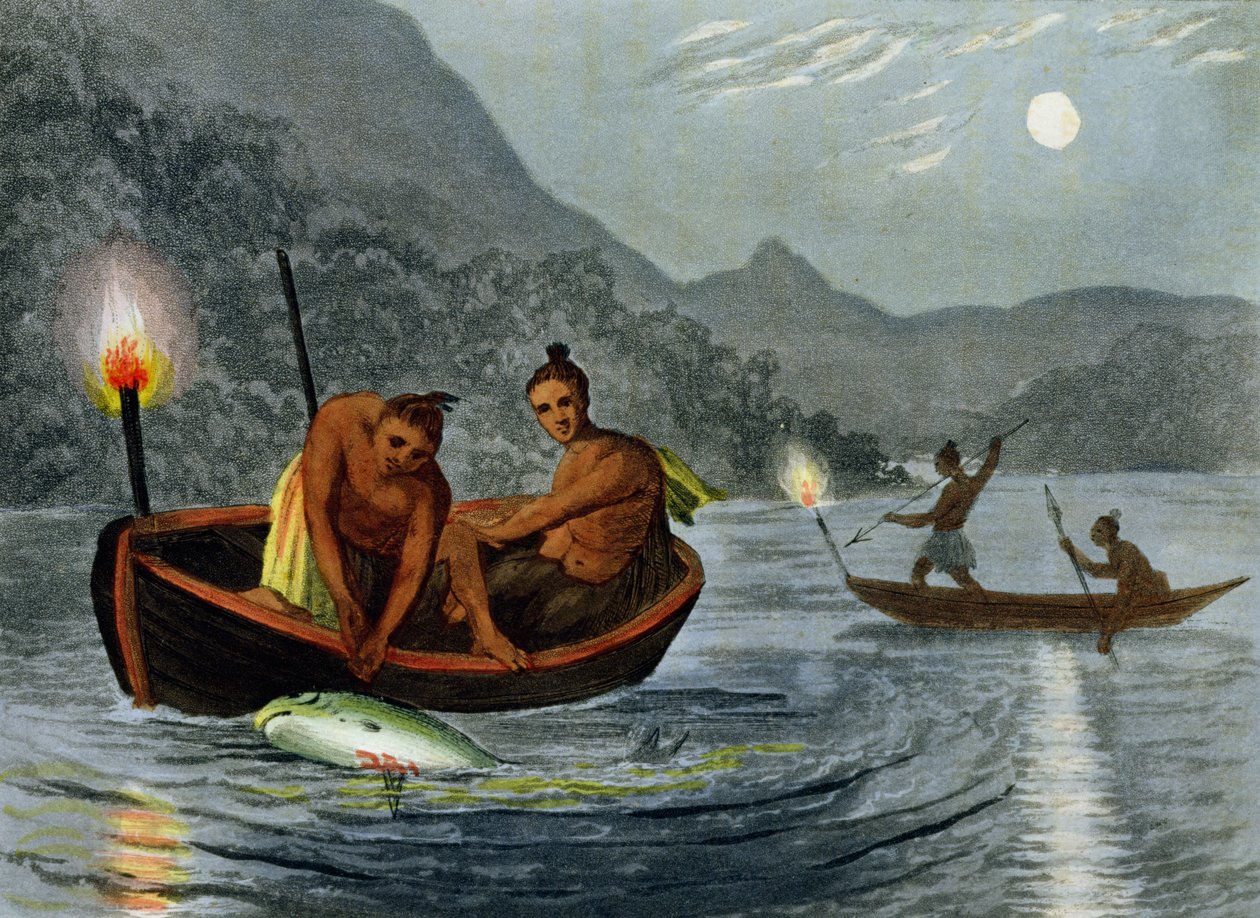 Fáklyás halászat Észak-Amerikában, metszett H. Merke (fl.c.1800-20), kiadó: Edward Orme, 1813 alkotó: John Heaviside Clark