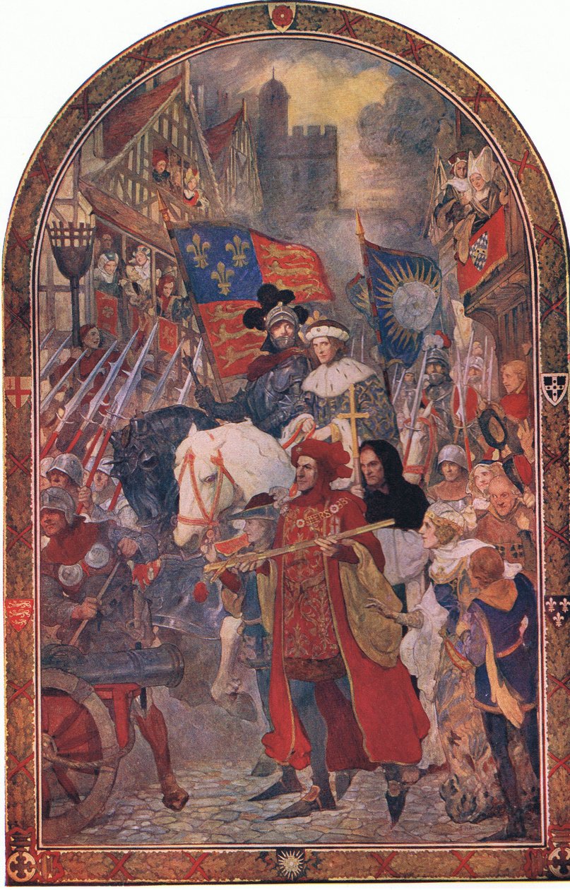 Henrik VI. Barnet csata 1471: IV. Edward támogatására vonuló képzett csapatok a Cassells History of the British People-ből, amelyet a Waverley Book Company Limited adott ki, 1940 körül (lith szín alkotó: John Henry Amshewitz