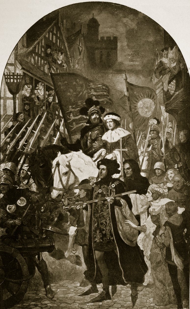 VI. Henriket az 1471-es barneti csatába viszik, illusztráció a „Hutchinson története a brit nemzetről”, 1923 körül. alkotó: John Henry Amshewitz
