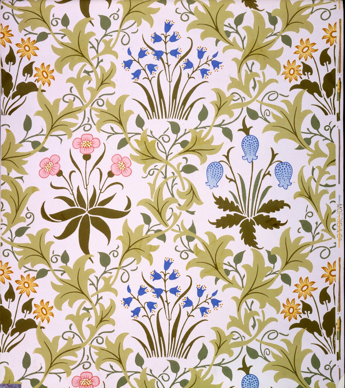 Celandine tapétatervezés, 1896 vége (színes fatömbnyomat papíron) alkotó: John Henry Dearle