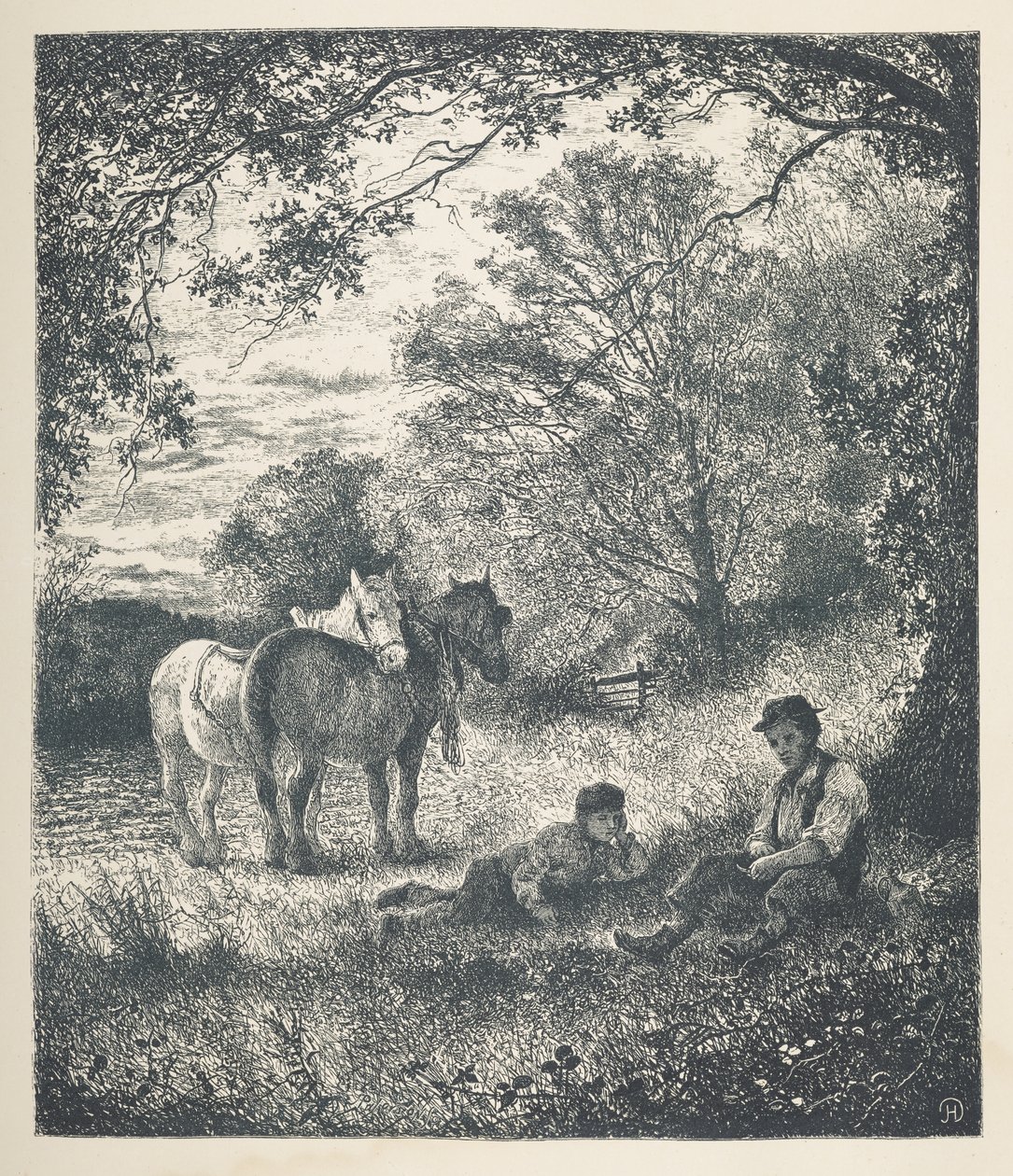 11. tábla. Férfi, fiú és lovak.  Természet képek. Harminc eredeti illusztrációból álló sorozat, amelyet J. H. Dell fára rajzolt, és R. Paterson metszett.  John Henry Dell alkotó: John Henry Dell