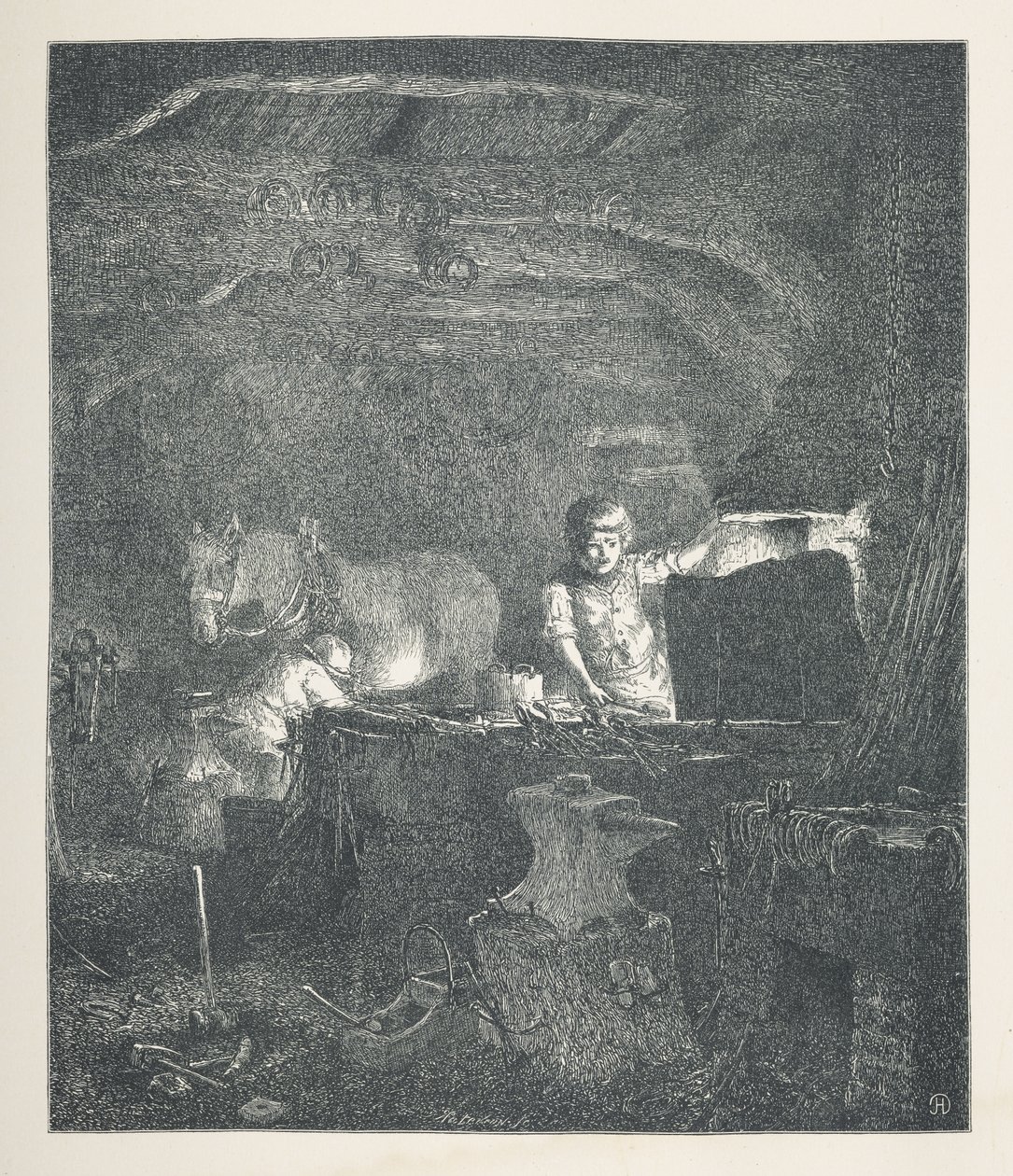 13. tábla. Egy kovács.  Természet képek. Harminc eredeti illusztrációból álló sorozat, amelyet J. H. Dell fára rajzolt, és R. Paterson metszett.  John Henry Dell alkotó: John Henry Dell
