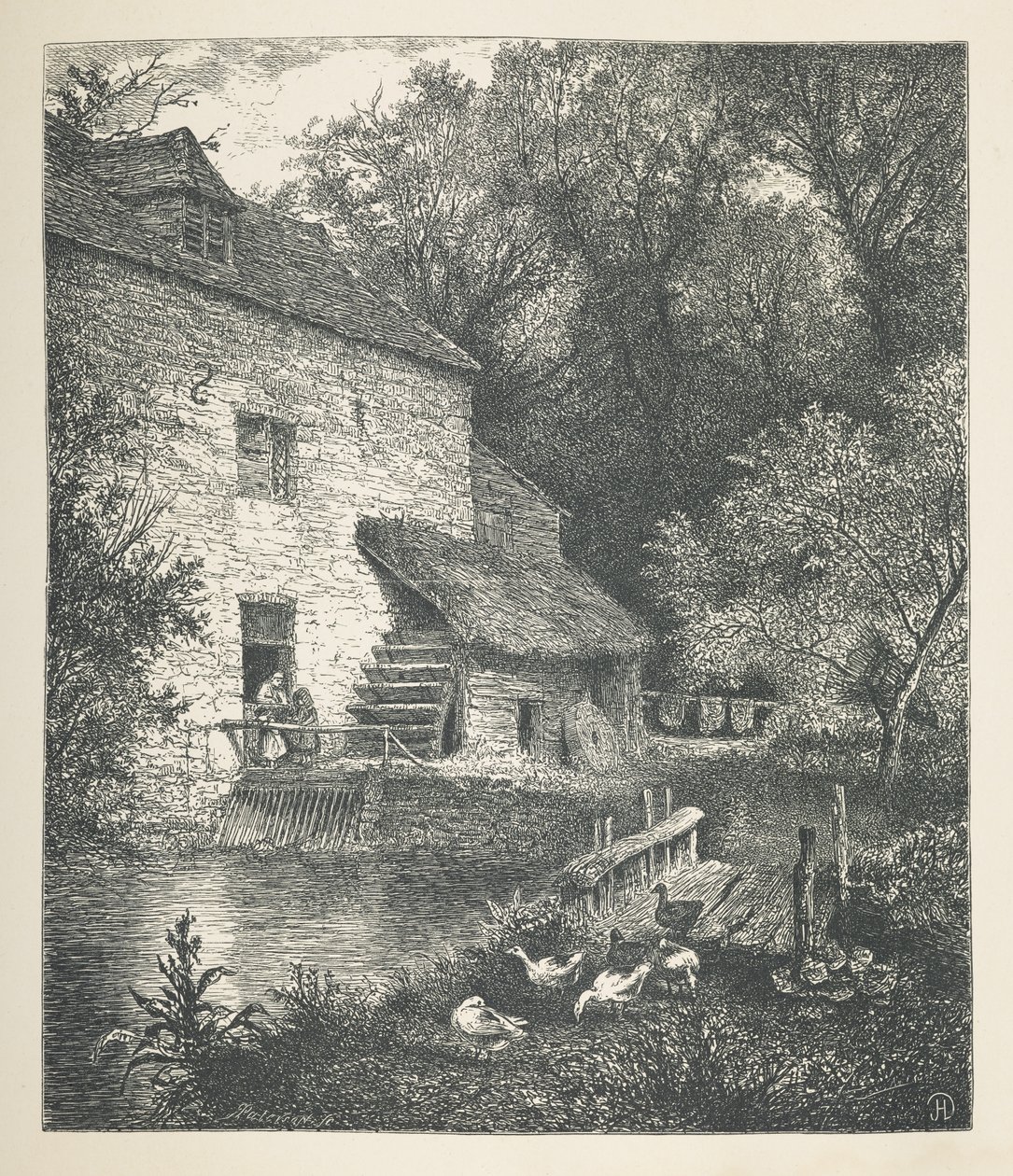 14. tábla. Ház és vízimalom.  Természet képek. Harminc eredeti illusztrációból álló sorozat, amelyet J. H. Dell fára rajzolt, és R. Paterson metszett.  John Henry Dell alkotó: John Henry Dell