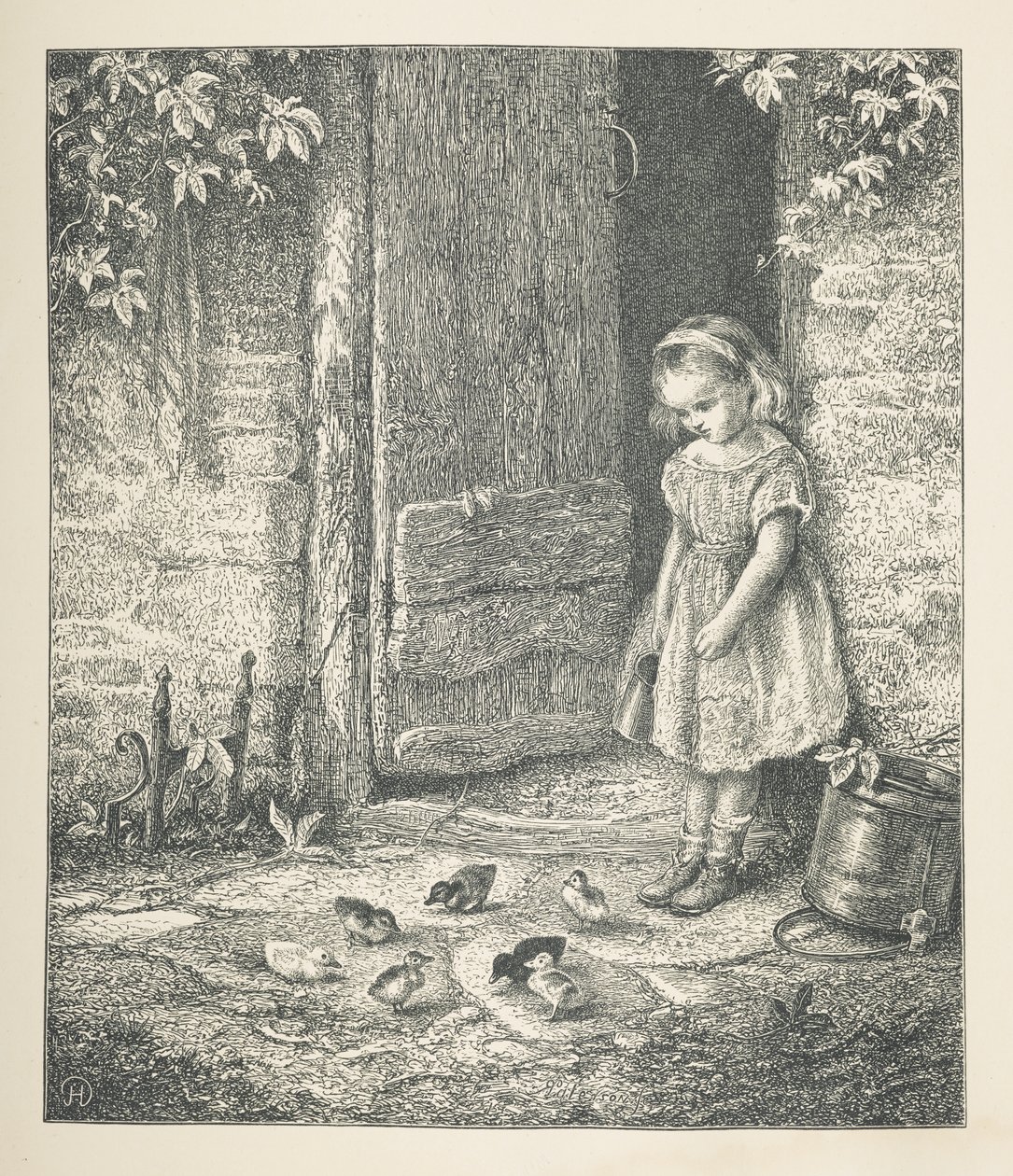 20. tábla. Egy fiatal lány és csibék, a "Nature Pictures"-ből, harminc eredeti illusztrációból álló sorozat, J. H. Dell fára rajzolta, és R. Paterson, John Henry Dell metszet alkotó: John Henry Dell