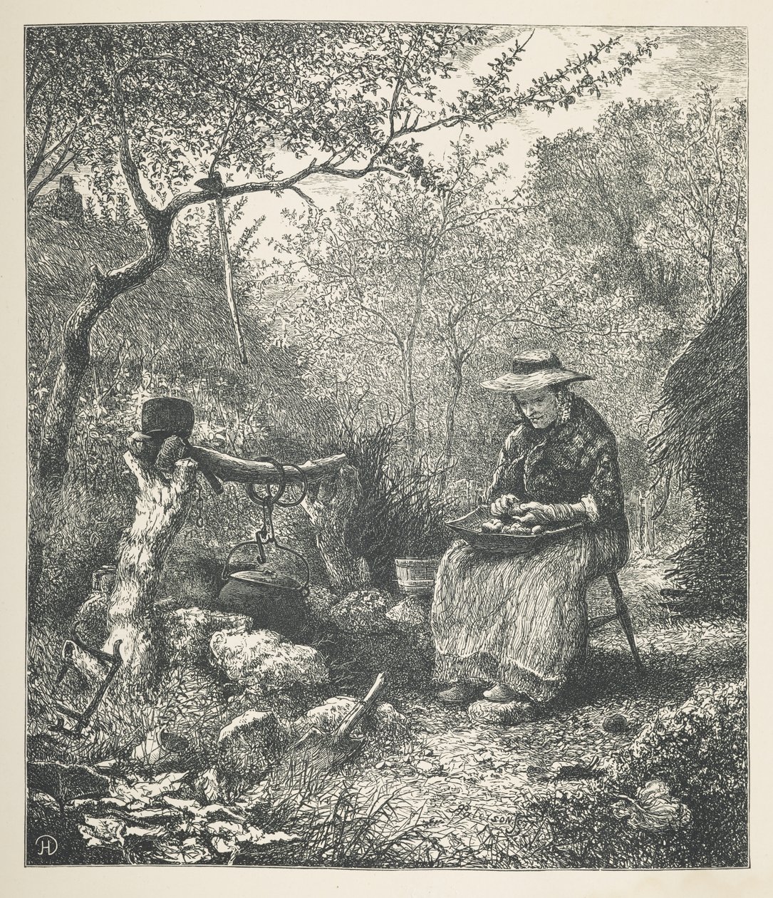 22. tábla. Egy nő kint főz, a „Nature Pictures”-ből, harminc eredeti illusztrációból álló sorozat, J. H. Dell fára rajzolta, R. Paterson metszet.John Henry Dell alkotó: John Henry Dell