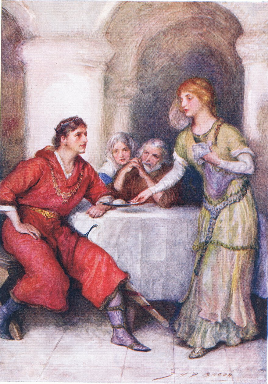 Enid Waits Upon Geraint, illusztrációja Nora Chesson gyermektörténeteihez Tennysonból alkotó: John Henry Frederick Bacon