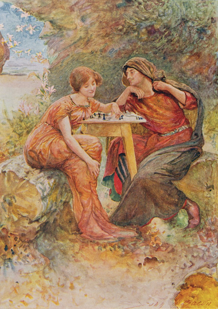 Ferdinand és Miranda A viharban a Shakespeare-i gyerekek történetéből, Edith Nesbit (1858-1924) pub. szerző: Raphael Tuck & Sons Ltd., London (könyvillusztráció) alkotó: John Henry Frederick Bacon