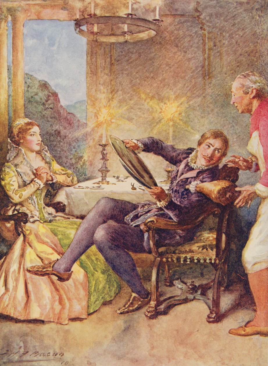 Katharina és Petruchio A cickány megszelídítése a Shakespeare-i gyermektörténetekből, Edith Nesbit (1858-1924) pub. szerző: Raphael Tuck & Sons Ltd., London (könyvillusztráció) alkotó: John Henry Frederick Bacon