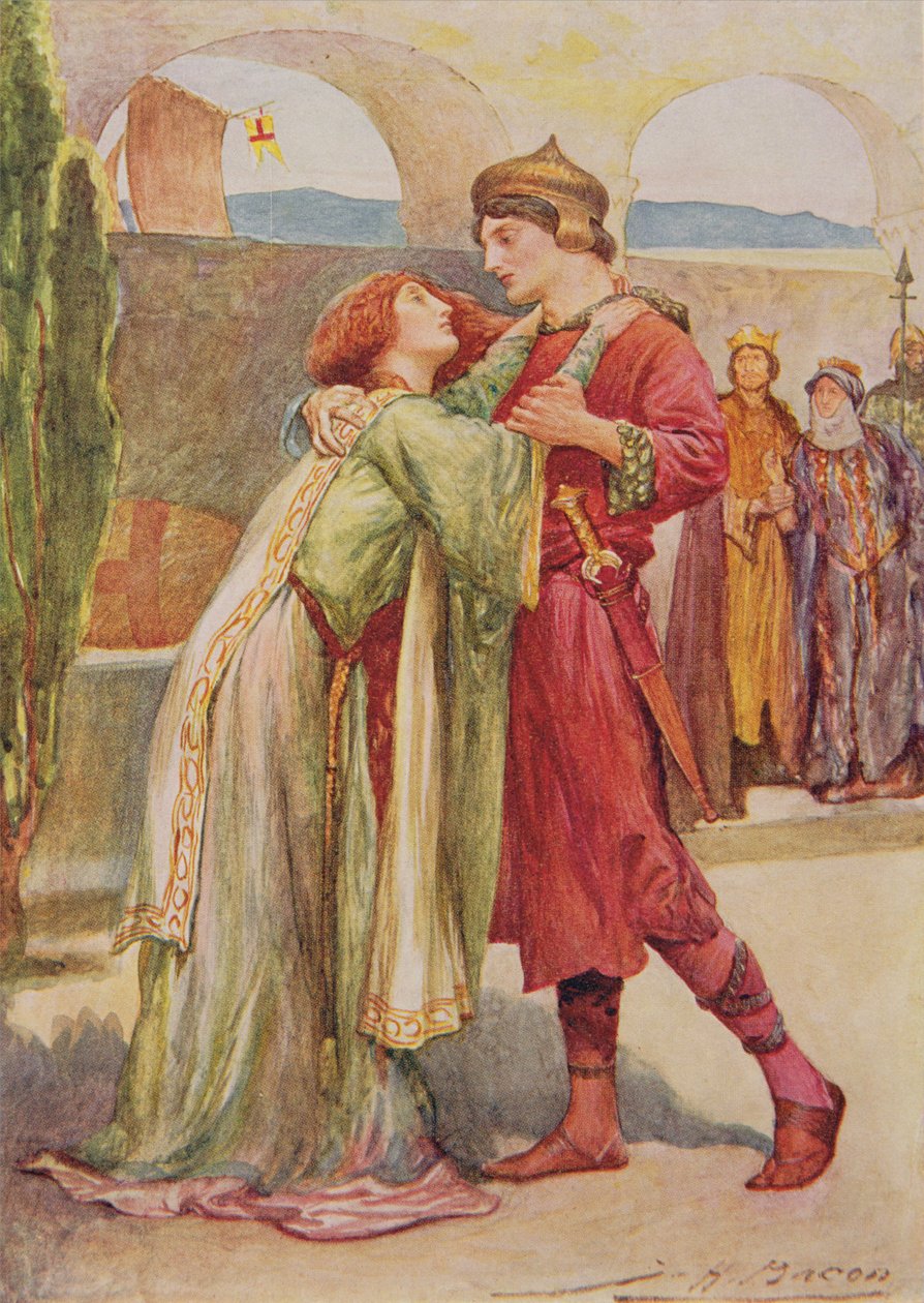 Posthumus és Imogen in Cymbeline from Childrens Stories from Shakespeare, Edith Nesbit (1858-1924) pub. szerző: Raphael Tuck & Sons Ltd., London (könyvillusztráció) alkotó: John Henry Frederick Bacon