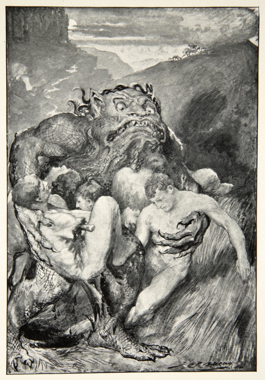A gonosz démonja heves tombolásával mohón megragadta őket, M.I. „A brit faj hősi mítoszai és legendái” című művéből. Ebbutt, 1910 alkotó: John Henry Frederick Bacon
