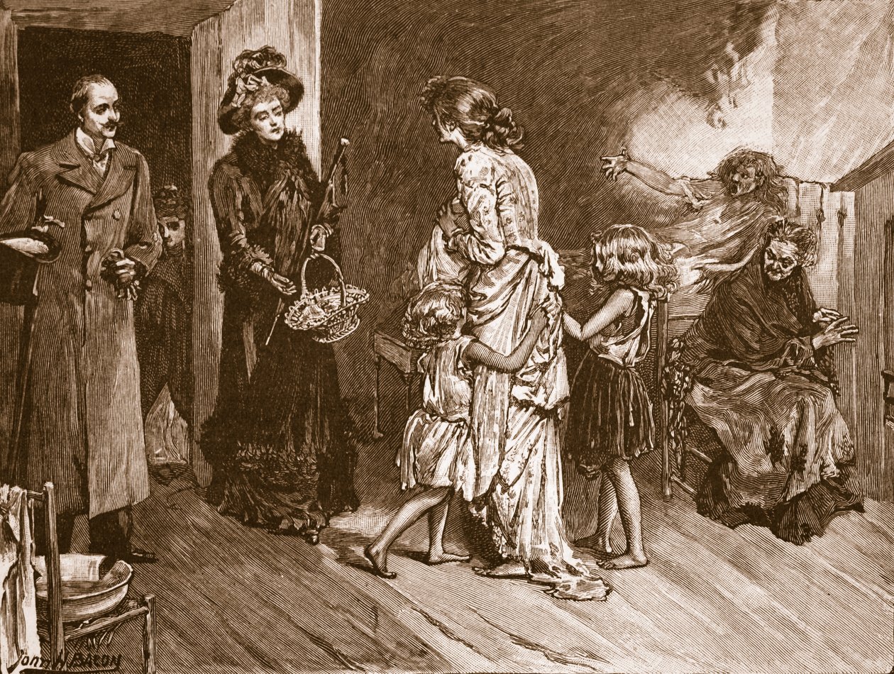 Nyugat találkozik Kelettel: jól járnak látogatók egy nyomornegyedben, illusztráció a „Cassell illusztrált Anglia történetéből” (szépia fotó) alkotó: John Henry Frederick Bacon