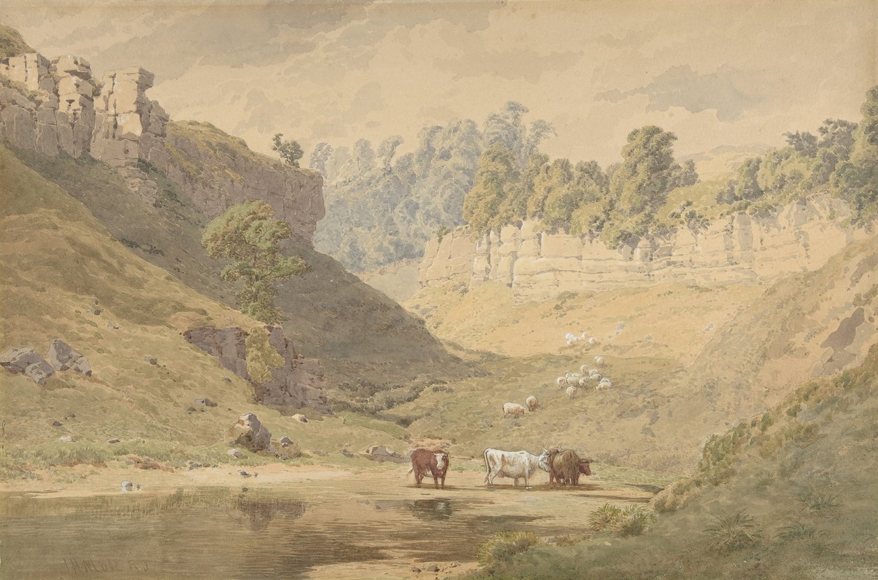 Szarvasmarha egy itatólyukban egy völgyben, 1830-86. alkotó: John Henry Mole