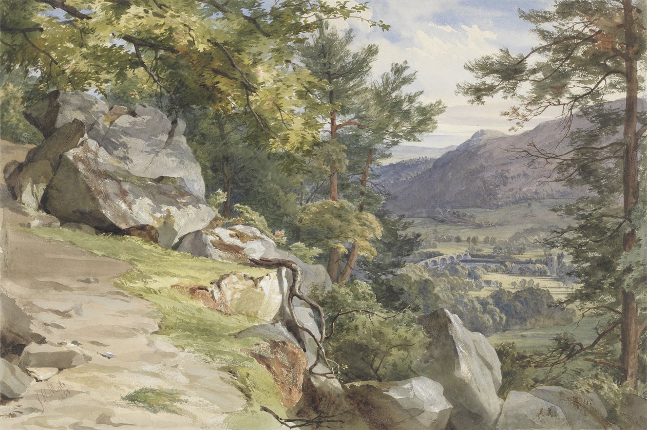 Kilátás Craig-y-Barnsról, Dunkeld, Looking South, 1855 (wc és testszín papíron) alkotó: John Henry Mole