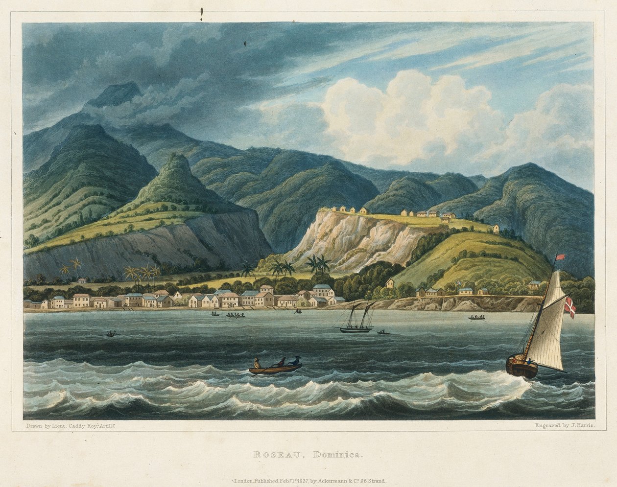 Roseau városa, Dominique (Karaibes-szigetek). John Herbert Caddy hadnagy (1801-1883) litográfiája (32,2x46,6 cm). alkotó: John Herbert Caddy