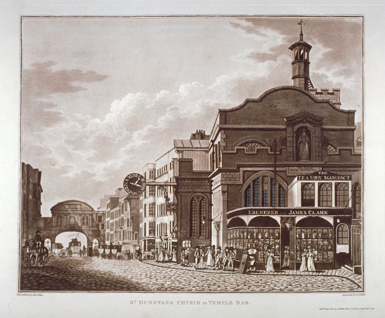 A Fleet Street a nyugati St Dunstantól a Temple Bar-ig, London City, 1802 alkotó: John Hickin