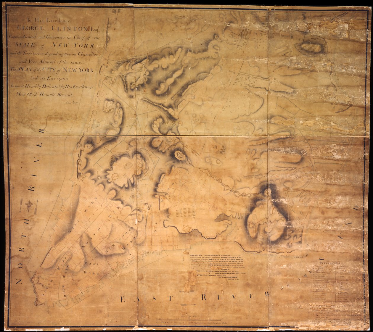 Ő excellenciájának, George Clintonnak, Esq. . . .New York városának és környékének ez a terve . . ., 1785 (fekete és színes tinta, fekete ceruza és színes mosás ronggyal alátámasztott papíron) alkotó: John Hills