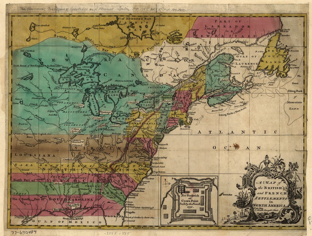 Az észak-amerikai brit és francia települések térképe. LOC 77690484 alkotó: John Hinton