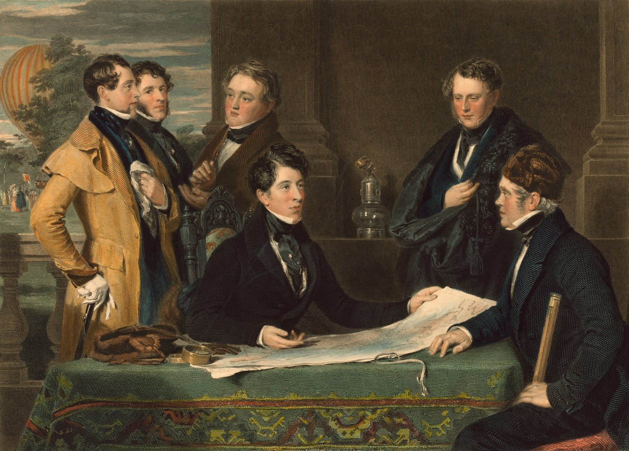 Konzultáció a Londonból a nassaui Wellburgba tartó légi utazást megelőzően 1836. november 7-én, pub. 1843 alkotó: John Hollins