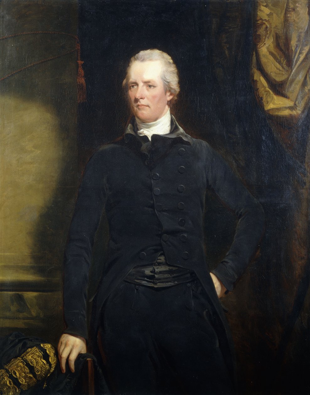William Pitt portréja háromnegyed hosszúságban sötét kabátban és nadrágban, alkotó: John Hoppner