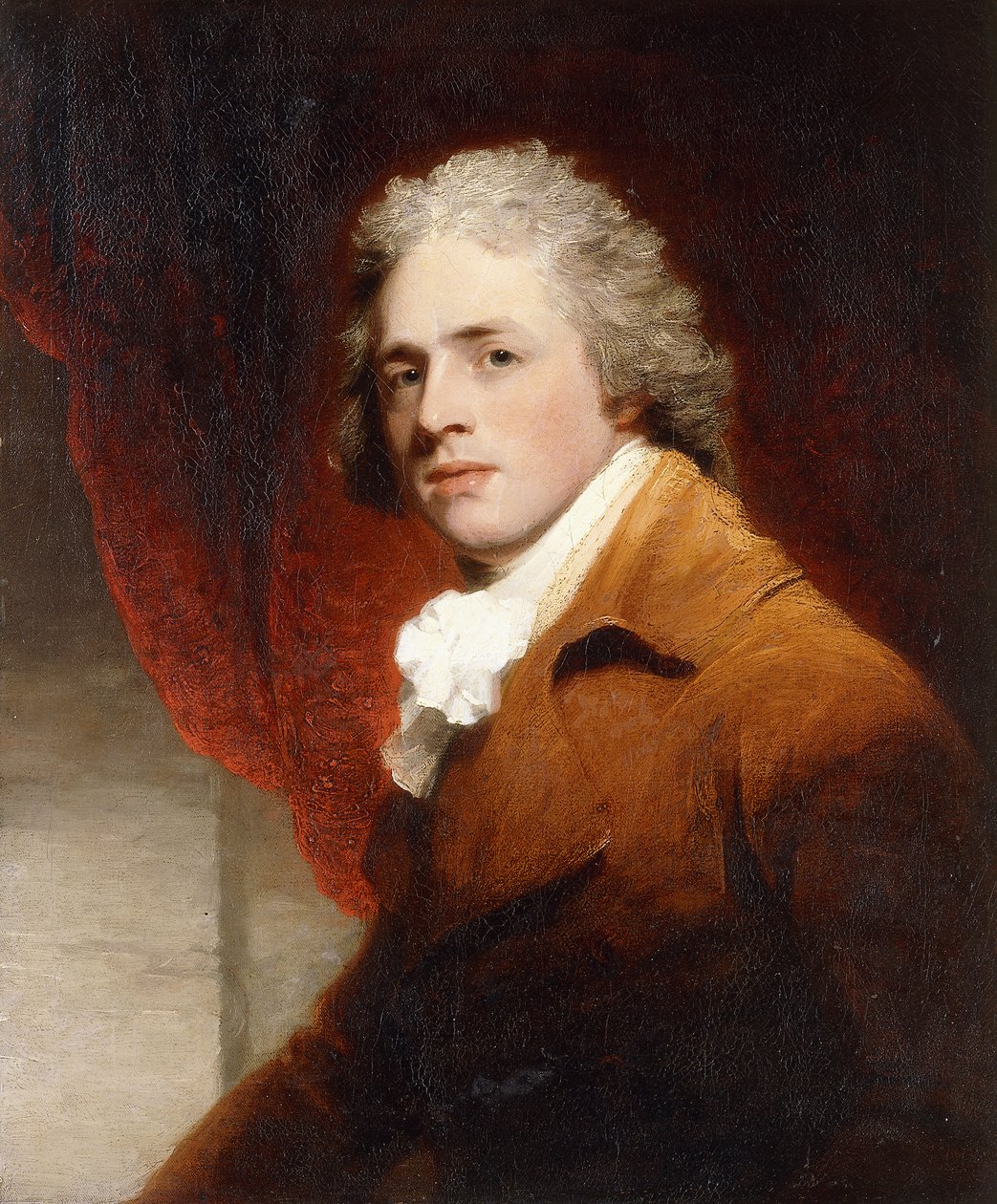 Egy úriember portréja, félalakos, barna-fehér ruhában, mögötte vörös függöny, alkotó: John Hoppner