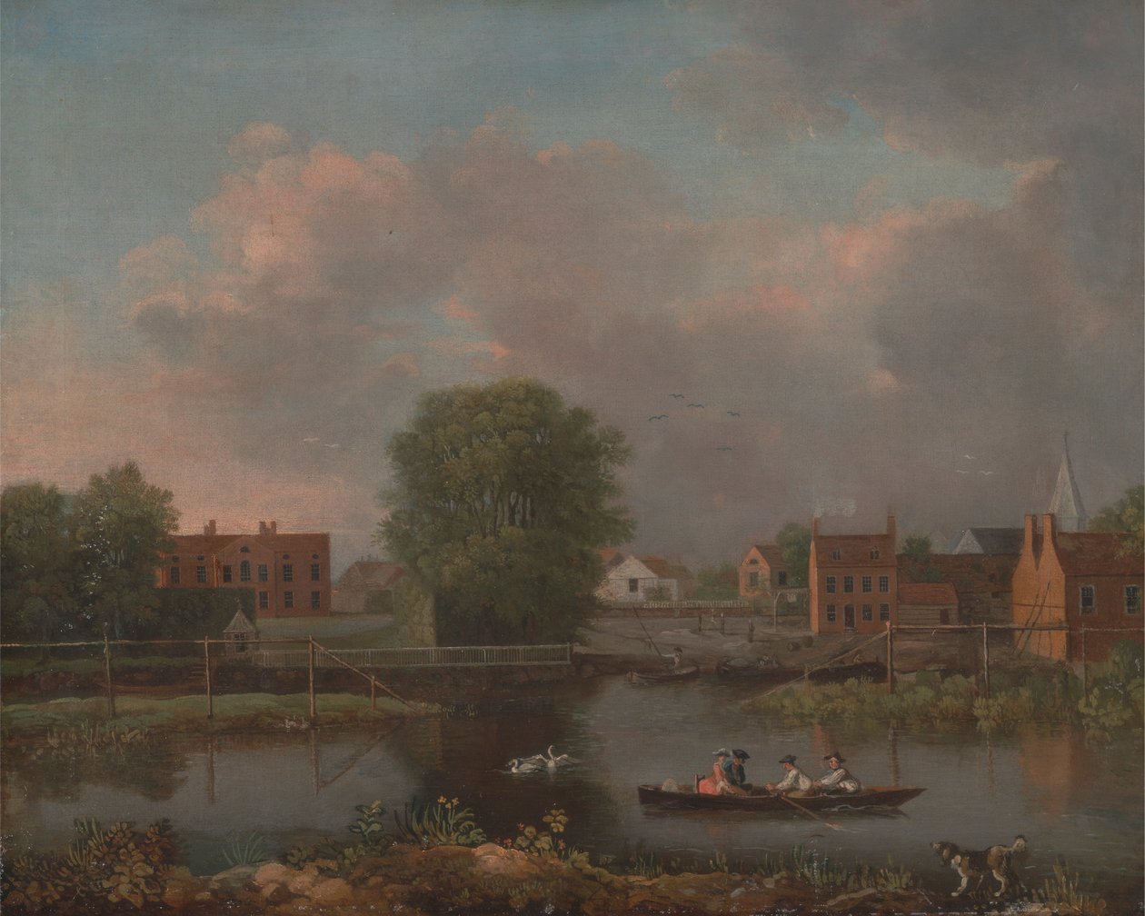 Folyói táj, esetleg kilátás a Rochester Bridge West End-éről alkotó: John Inigo Richards RA