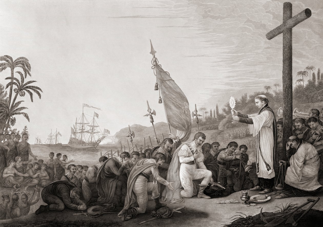 Kolumbusz leszáll az Újvilágban (metszet) alkotó: John James (after) Barralet