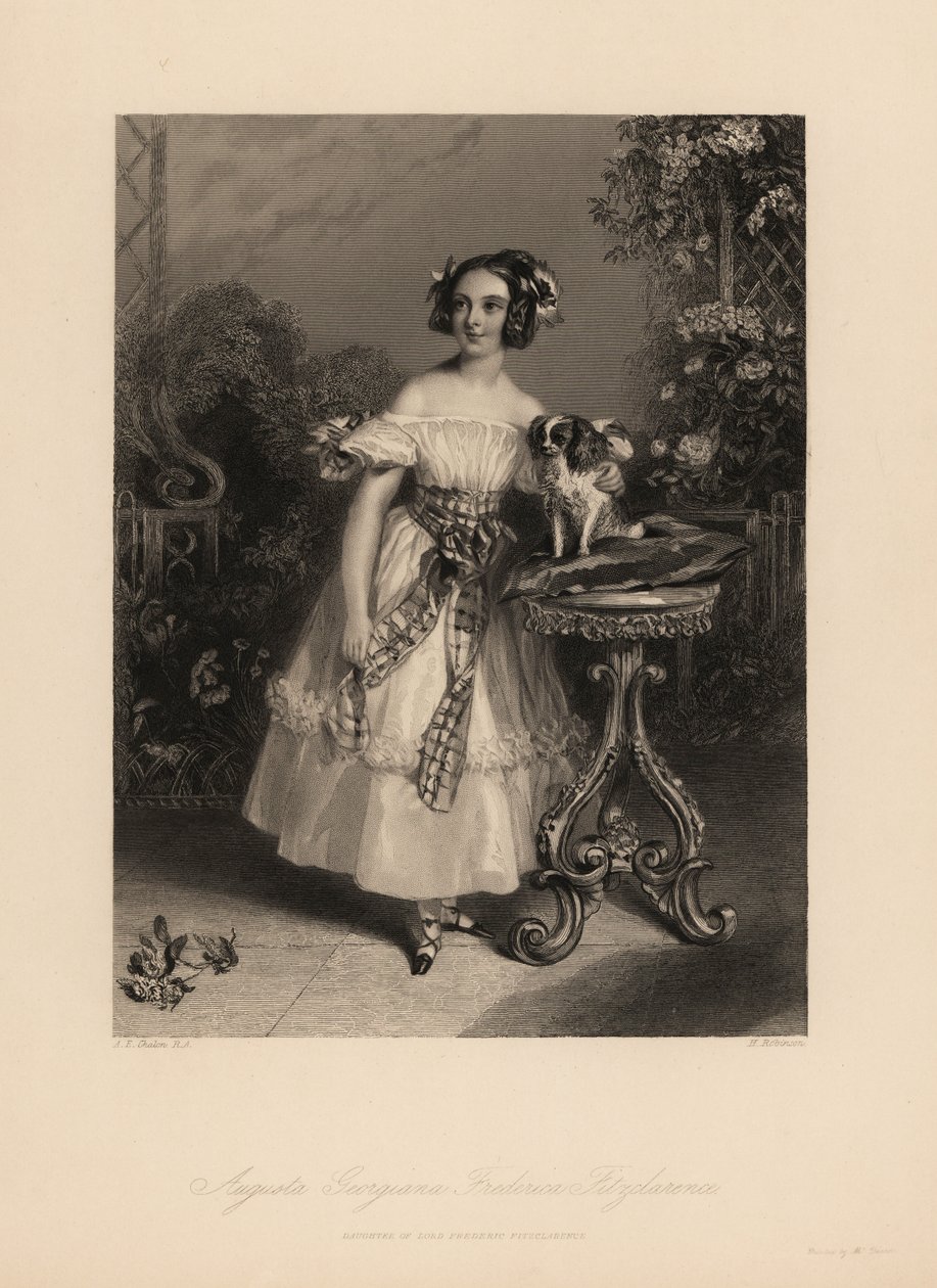 Augusta Georgina Frederica Fitzclarence, Lord Frederic Fitzclarence lánya, IV. Vilmos király törvénytelen fia. Haját gyűrűkben és szalagokban hordja, vállra szabott ruhát hord, pánttal megkötve, párnán egy Károly király spánielt tart. alkotó: John James (after) Chalon