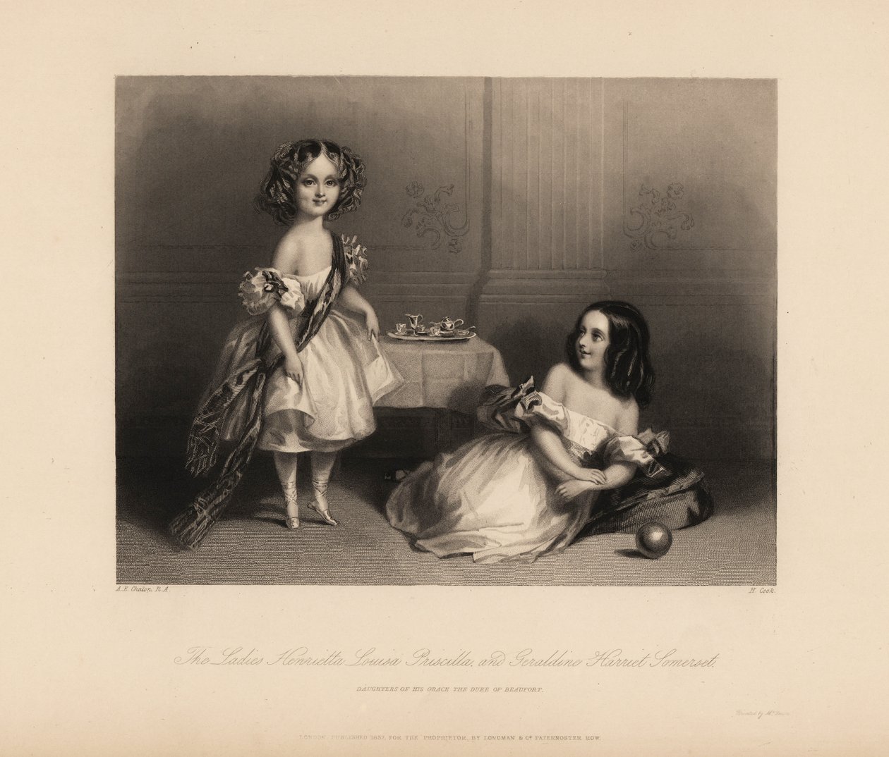Henrietta Louisa Priscilla és Geraldine Harriet Somerset, Henry Somerset, Beaufort 7. hercegének lányai. Két lány vállra szabott ruhában, szalaggal, gyűrűs hajjal, játék teáskészlettel és labdával játszanak. H. Cook acélmetszete egy betegség után alkotó: John James (after) Chalon