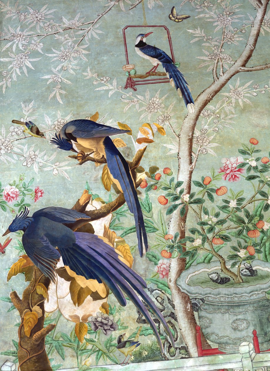 Egy pár szarka szajkó "The Birds of America"-ból kivágva, és kézzel festett kínai tapétára (kollázsra) ragasztották alkotó: John James Audubon