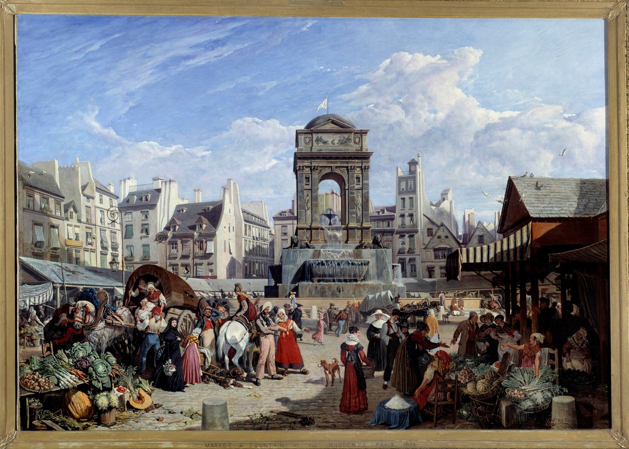 A piac és az ártatlanok szökőkútja Párizsban John James Chalon (1778-1854) festménye 1822 V. 1,06x1,52 m Párizs, Carnavalet Múzeum alkotó: John James Chalon