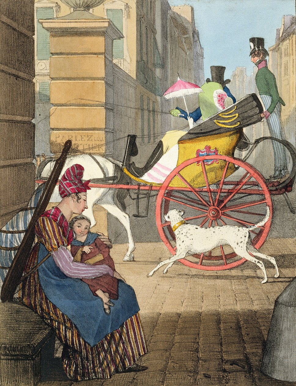 A hintó bejárata a "Huszonnégy tárgy, Párizs jelmezét kiállító" című kötetből, Charles Joseph Hullmandel (1789-1850) metszetében, 1817-22 között alkotó: John James Chalon