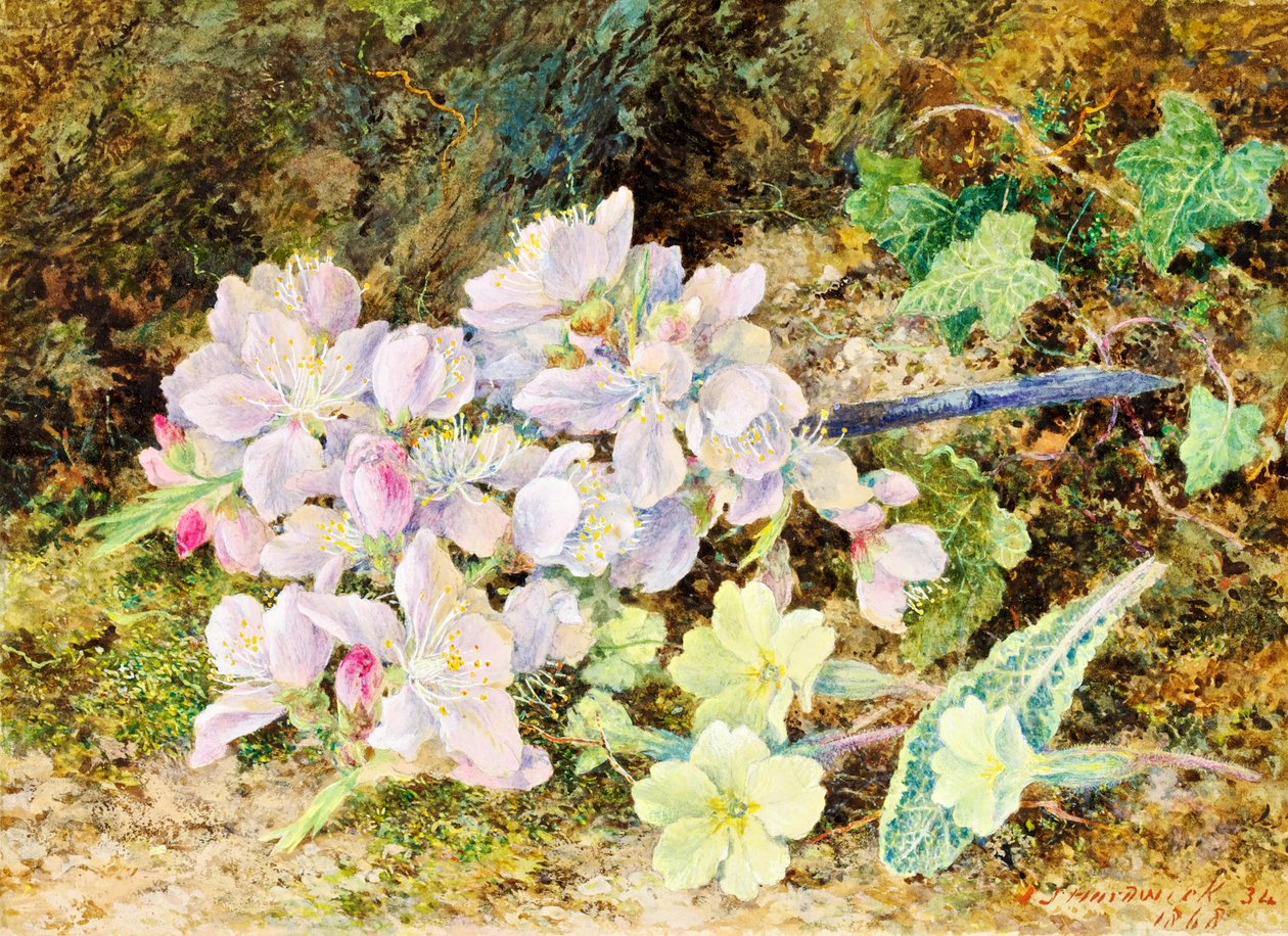 Mandulavirágok és kankalinok, 1868 (wc a kártyán) alkotó: John Jesson Hardwick