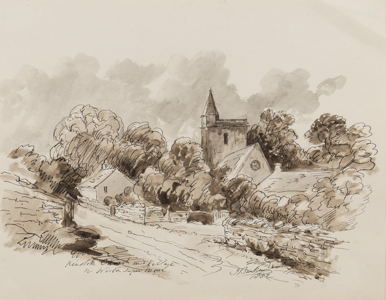 Kewstoke Church and Village, Weston Super Mare, Somerset, 1882 (toll, ecset és tinta papíron) alkotó: John Joseph Barker