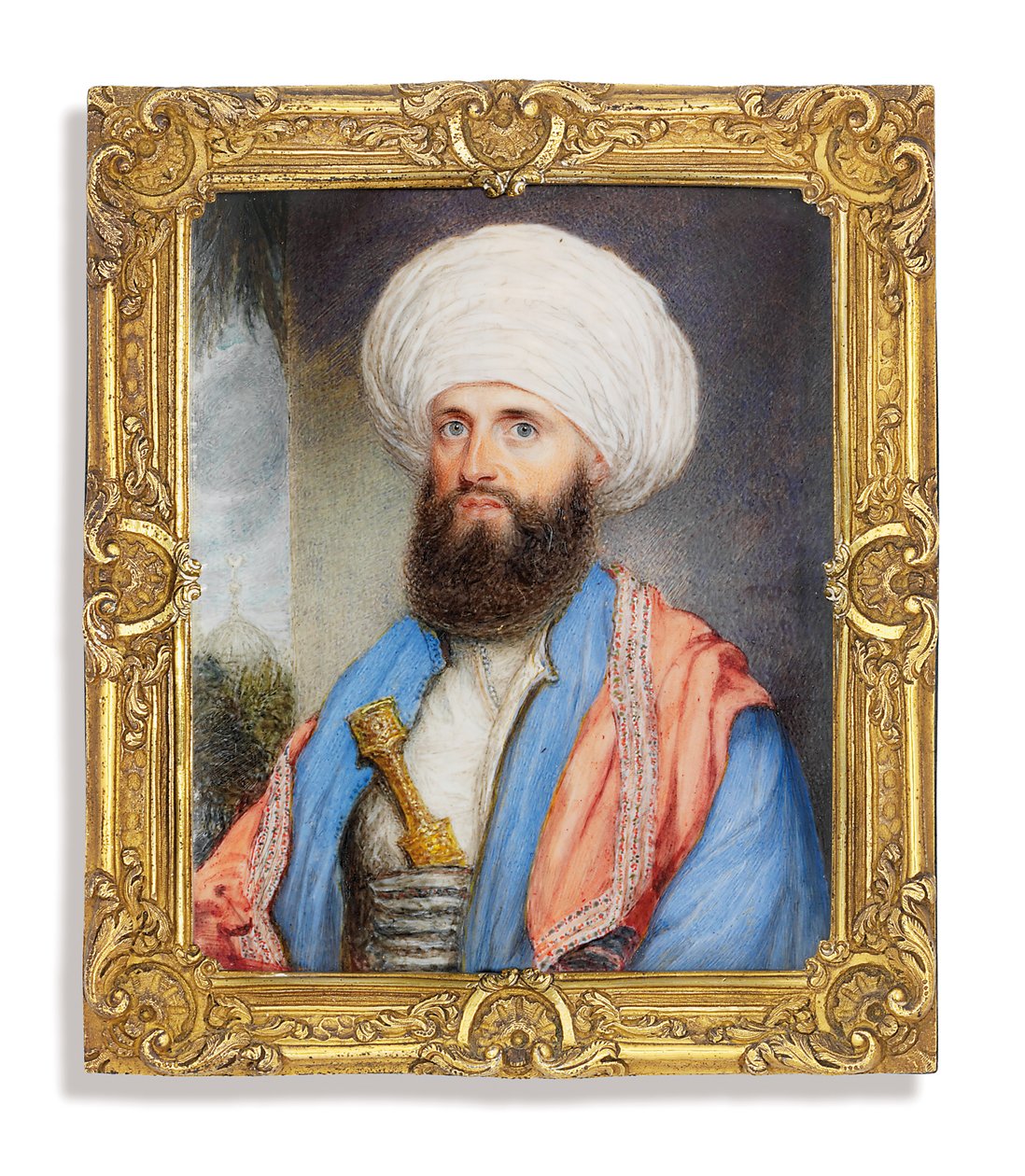 James Silk Buckingham (1786-1855), fehér ingben, világoskék kabáttal, rózsaszín hímzett kendővel a vállán és fehér turbánban, tőrrel a cummerbundjába, táj háttérben mecsettel alkotó: John Jukes