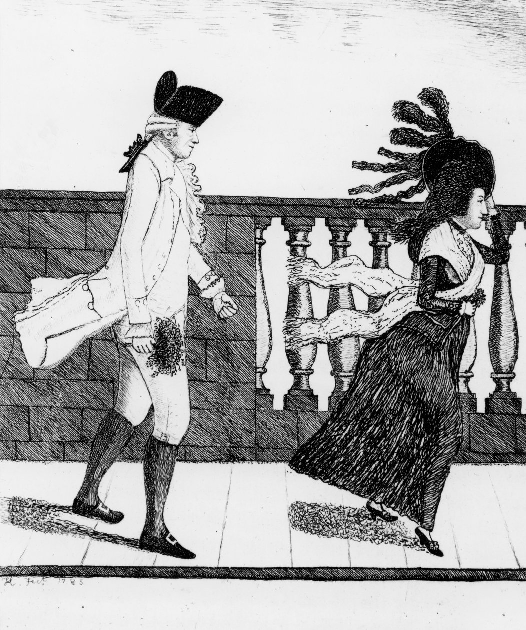 Dr. James Graham az Északi-hídon halad nagy szélben, 1785 alkotó: John Kay