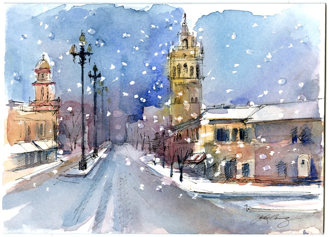 Plaza télen, 2015, (akvarell) alkotó: John Keeling