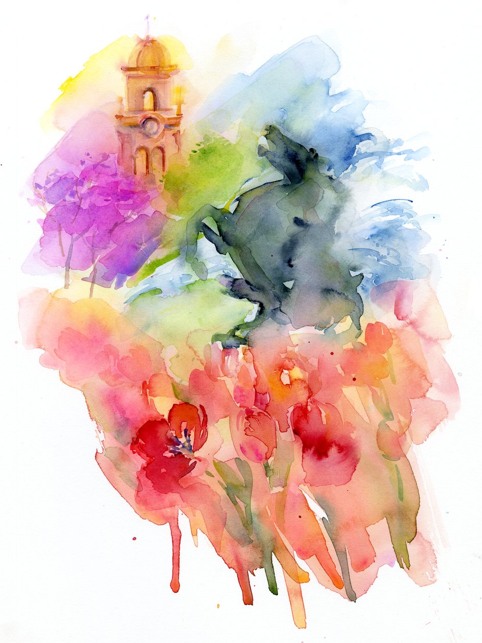Pláza piros tulipánokkal, 2016, (akvarell) alkotó: John Keeling