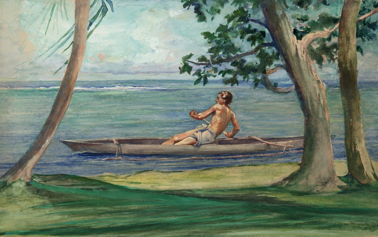 Fiú kenuban elhalad a házunk előtt, Vaiala, Szamoa alkotó: John La Farge