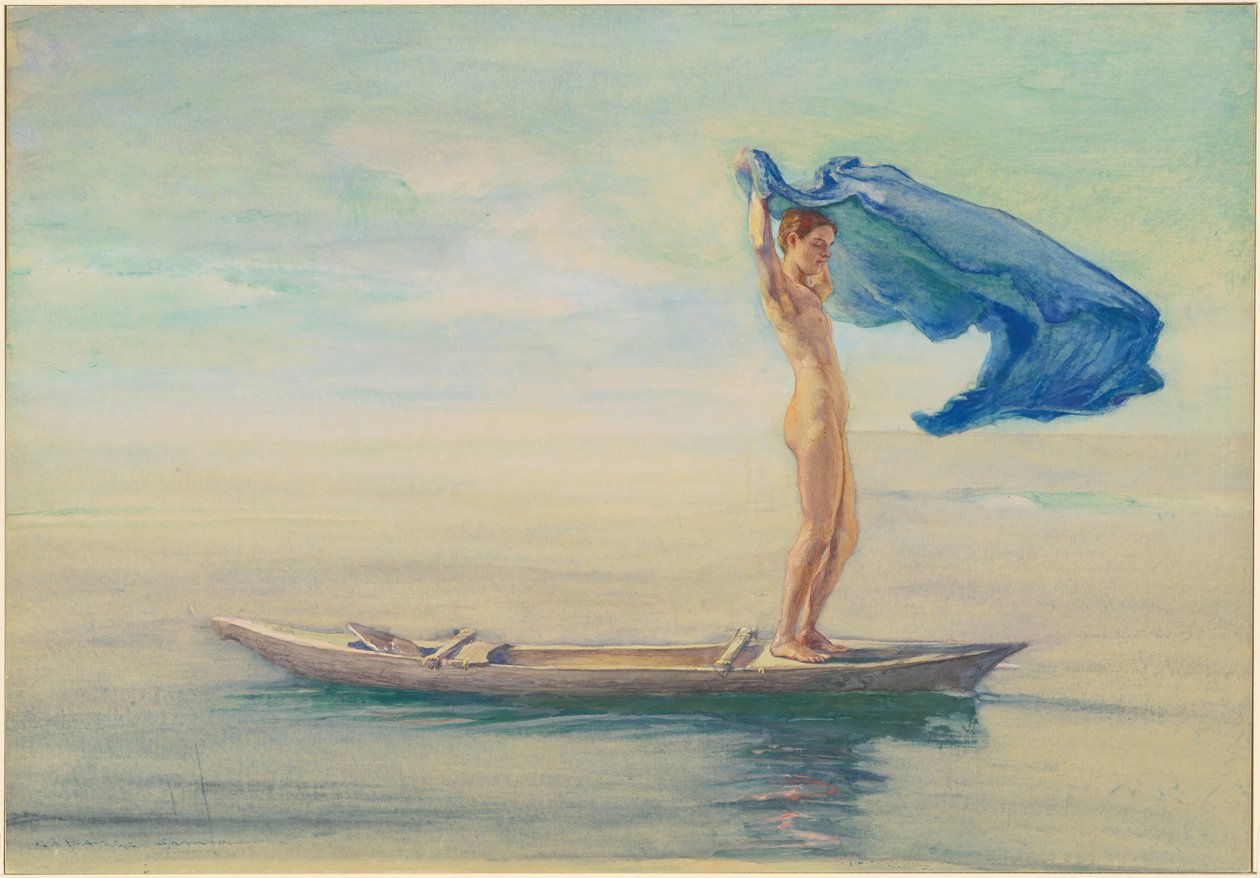 Lány kenu orrában, kiteríti az ágyékát vitorlához, Szamoa alkotó: John La Farge