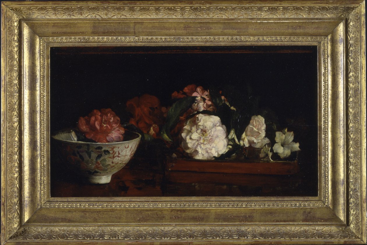 Virágok japán tálcán a mahagóni asztalon (olaj a panelen) alkotó: John La Farge or Lafarge