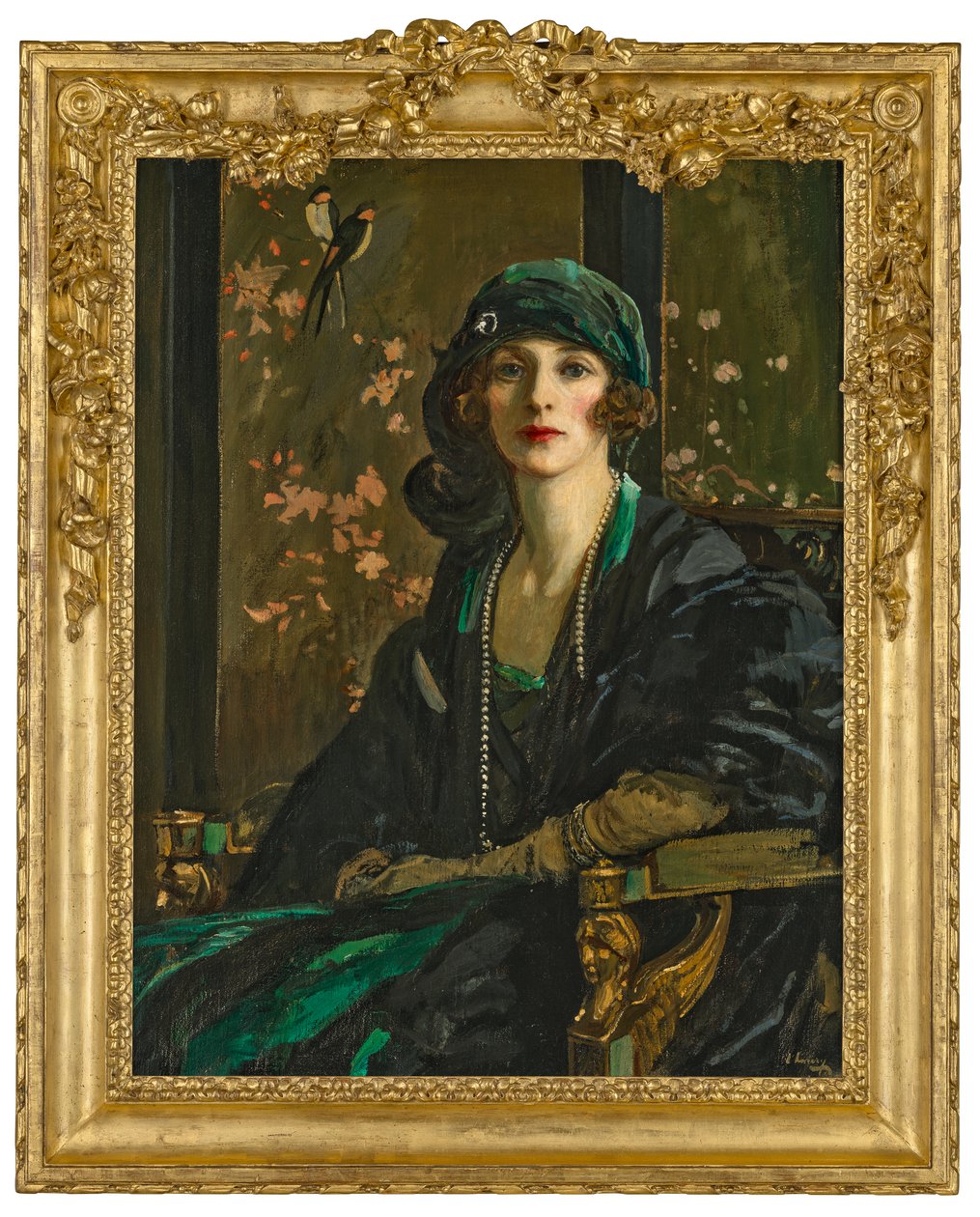 Egy fekete-zöld ruhás hölgy: Freda Dudley Ward alkotó: John Lavery