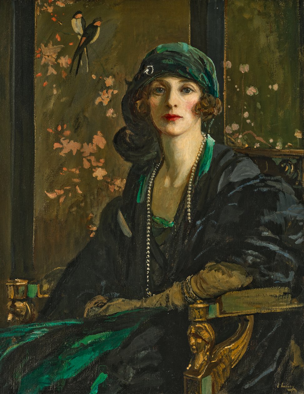 Egy fekete-zöld ruhás hölgy: Freda Dudley Ward alkotó: John Lavery