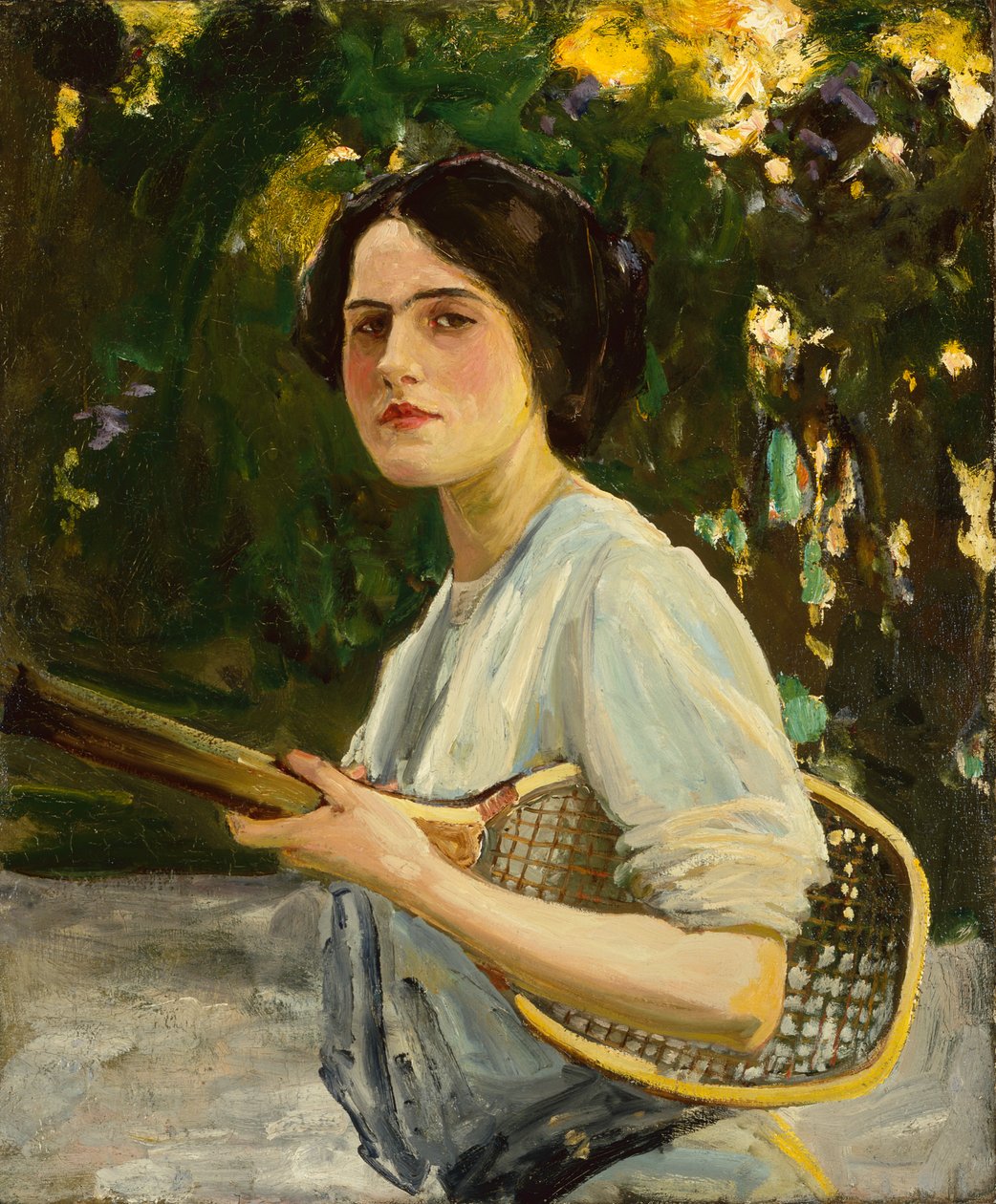 Eileen Lavery teniszütőt tart alkotó: John Lavery