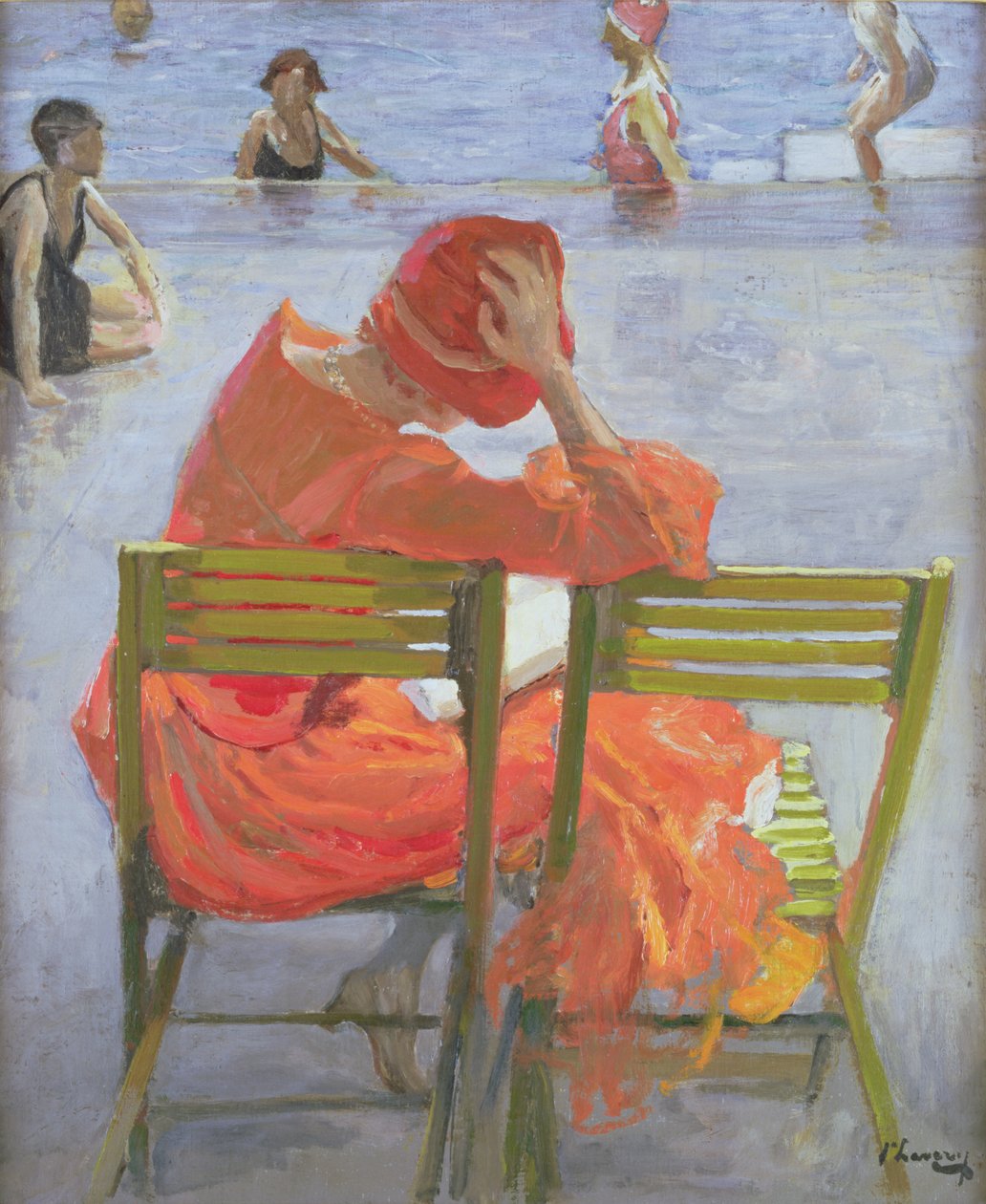 Piros ruhás lány egy medence mellett olvas alkotó: John Lavery
